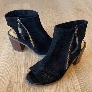 Sam Edelman Black Suede Open-Toe Heeled Booties with Side Zipper